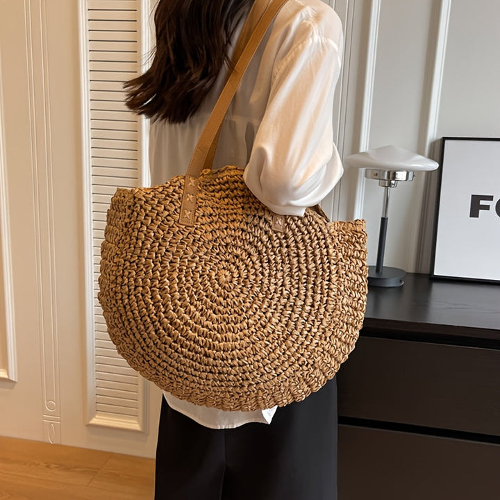 Linda - Round Woven Straw Bag - Hazelnut