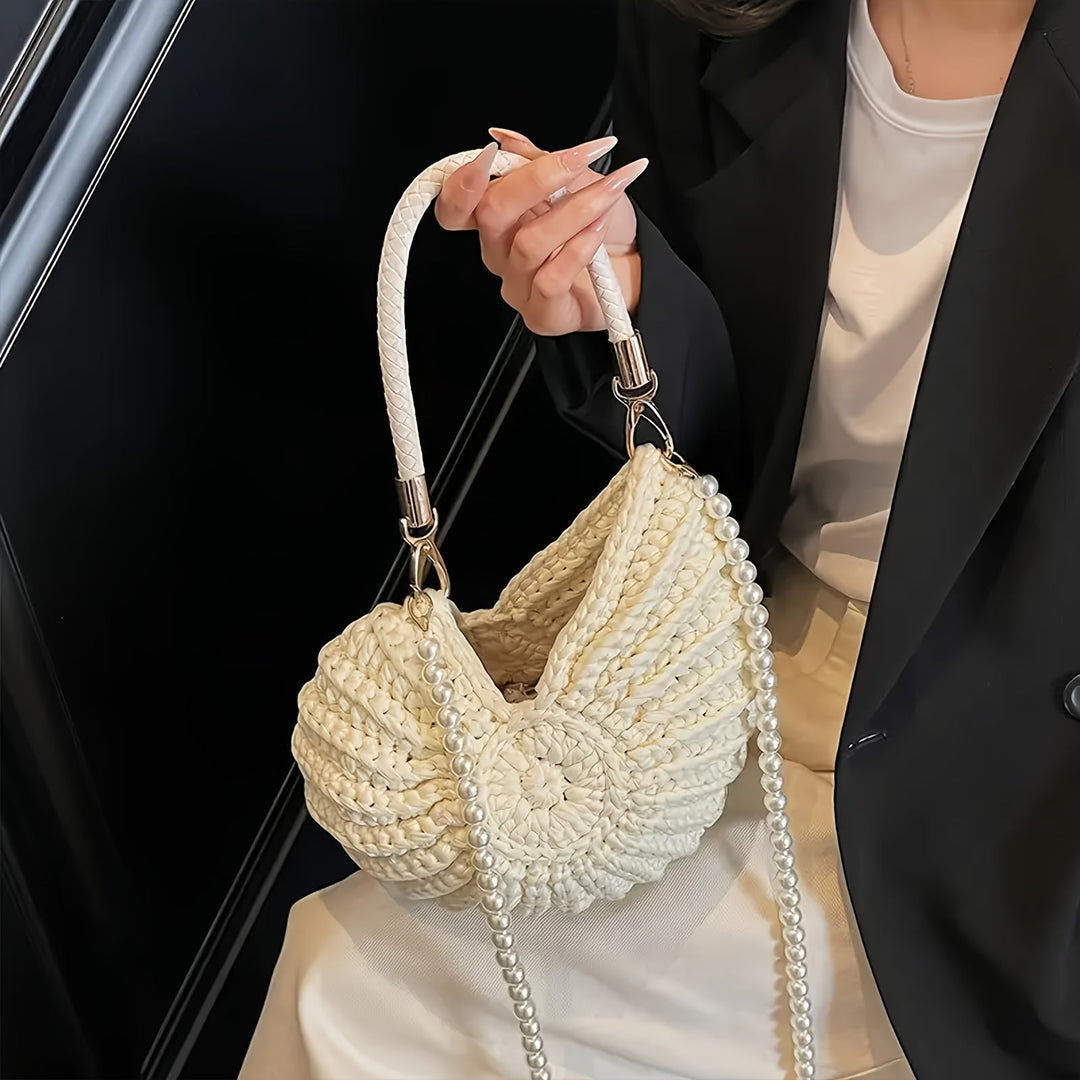 Tamara - Woven Tote Bag with Chain Strap - Cream White