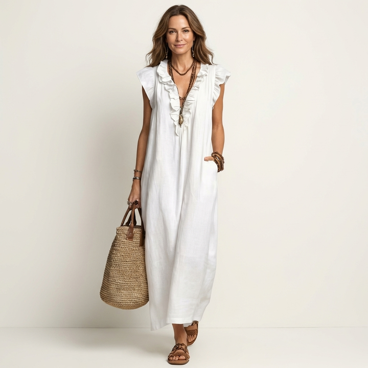 Josette - Ruffle V-Neck Linen Maxi Dress
