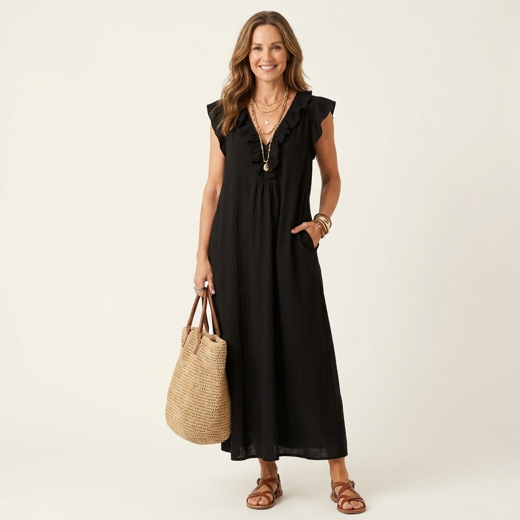 Josette - Ruffle V-Neck Linen Maxi Dress