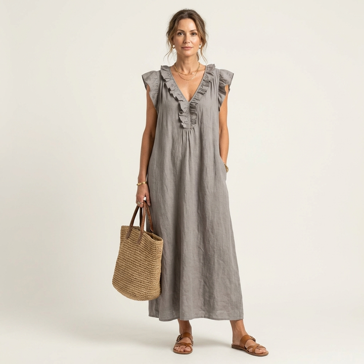 Josette - Ruffle V-Neck Linen Maxi Dress