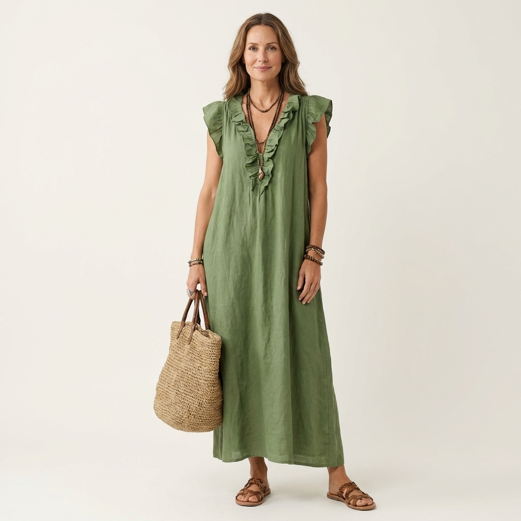 Josette - Ruffle V-Neck Linen Maxi Dress