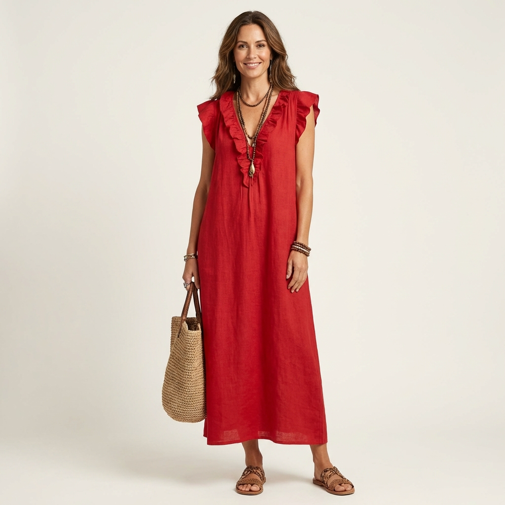 Josette - Ruffle V-Neck Linen Maxi Dress