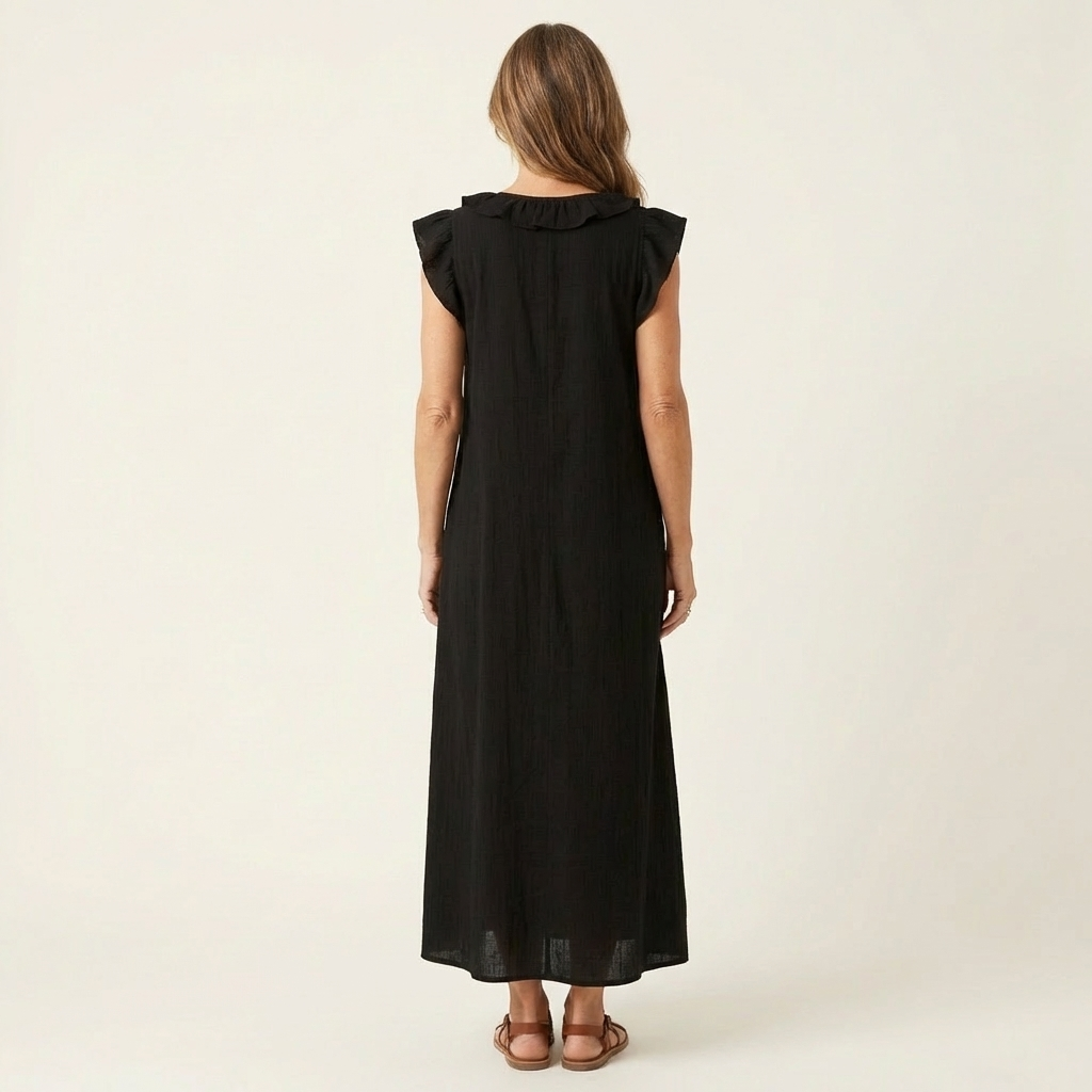 Josette - Ruffle V-Neck Linen Maxi Dress