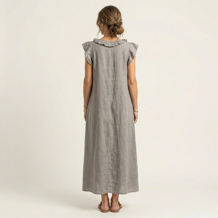Josette - Ruffle V-Neck Linen Maxi Dress