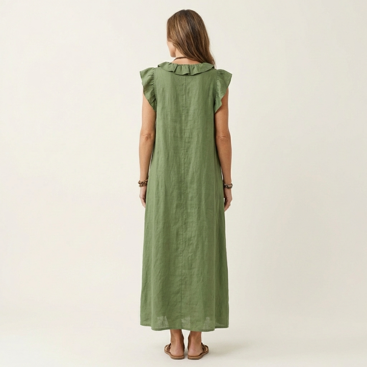 Josette - Ruffle V-Neck Linen Maxi Dress