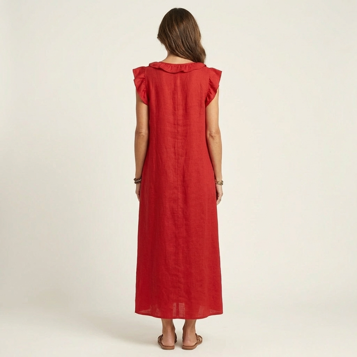 Josette - Ruffle V-Neck Linen Maxi Dress