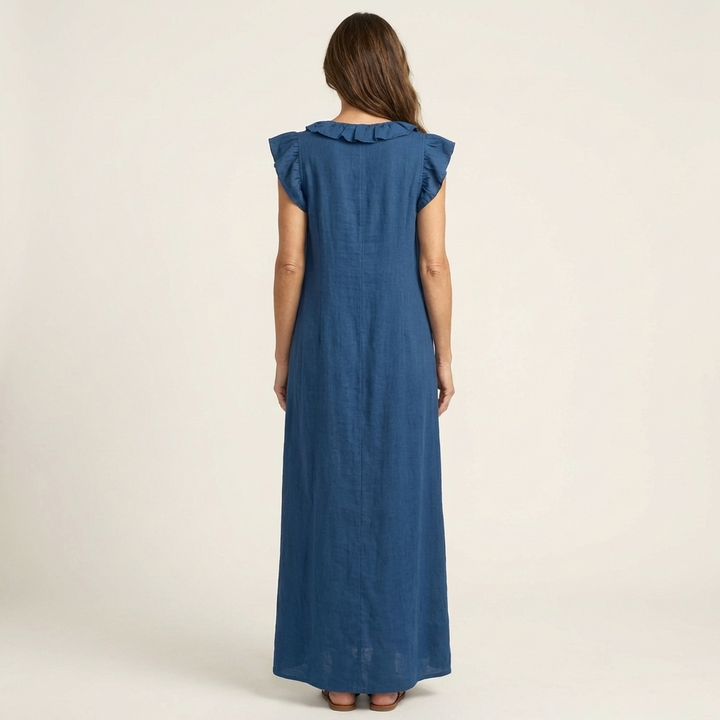Josette - Ruffle V-Neck Linen Maxi Dress