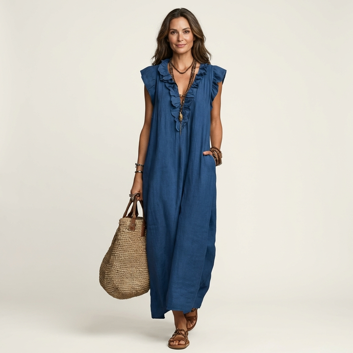 Josette - Ruffle V-Neck Linen Maxi Dress