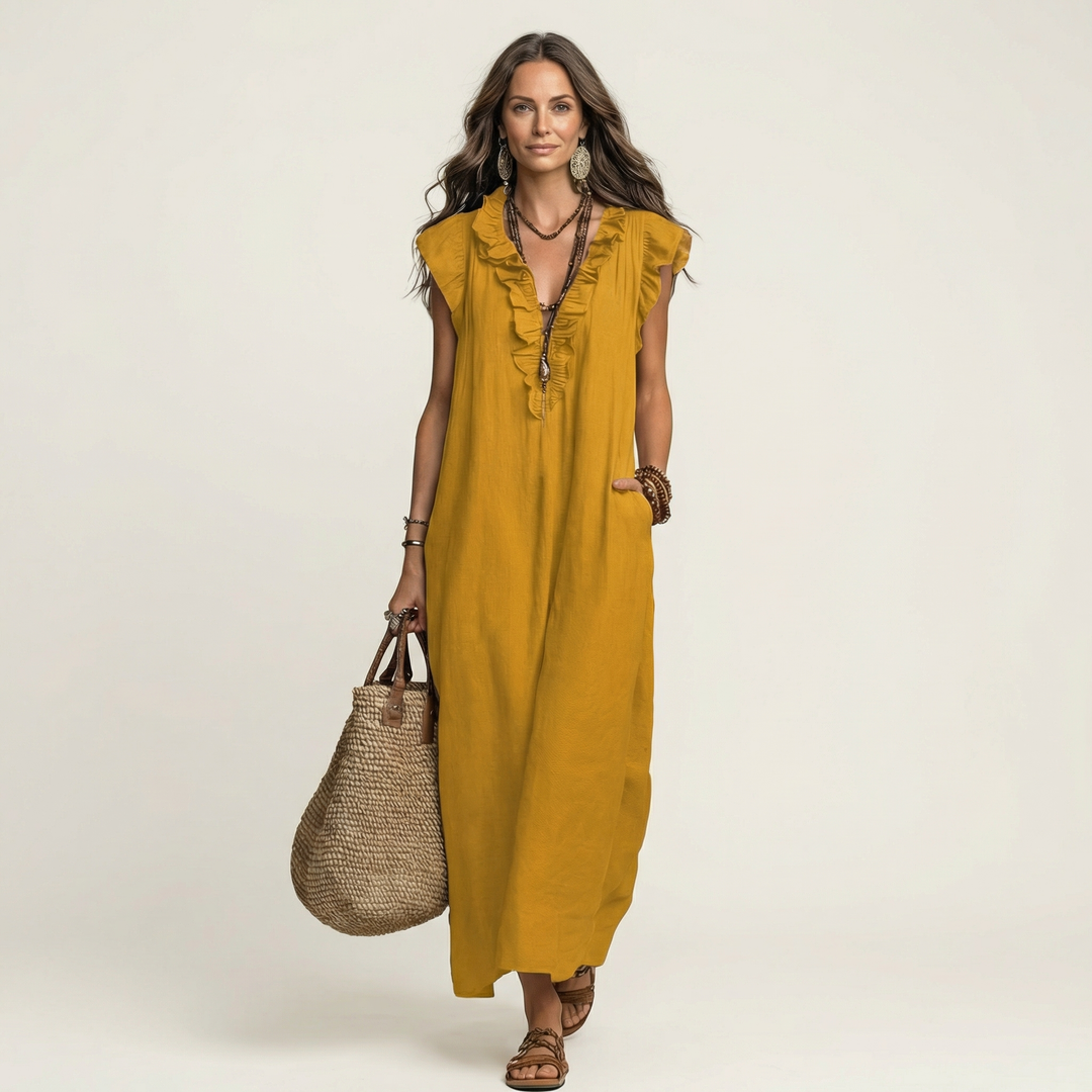 Josette - Ruffle V-Neck Linen Maxi Dress