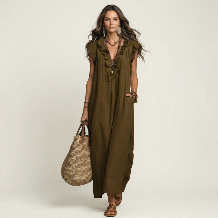 Josette - Ruffle V-Neck Linen Maxi Dress