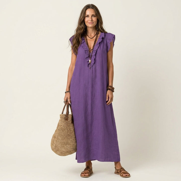 Josette - Ruffle V-Neck Linen Maxi Dress