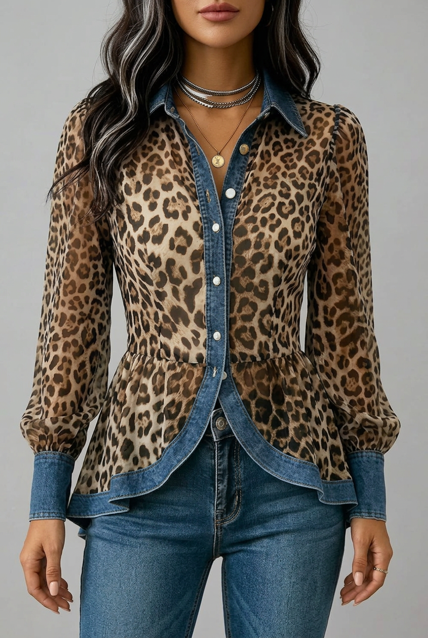 Fablenne - Leopard Print Denim Panel Contrast Longline Jacket