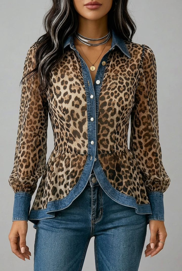 Fablenne - Leopard Print Denim Panel Contrast Longline Jacket