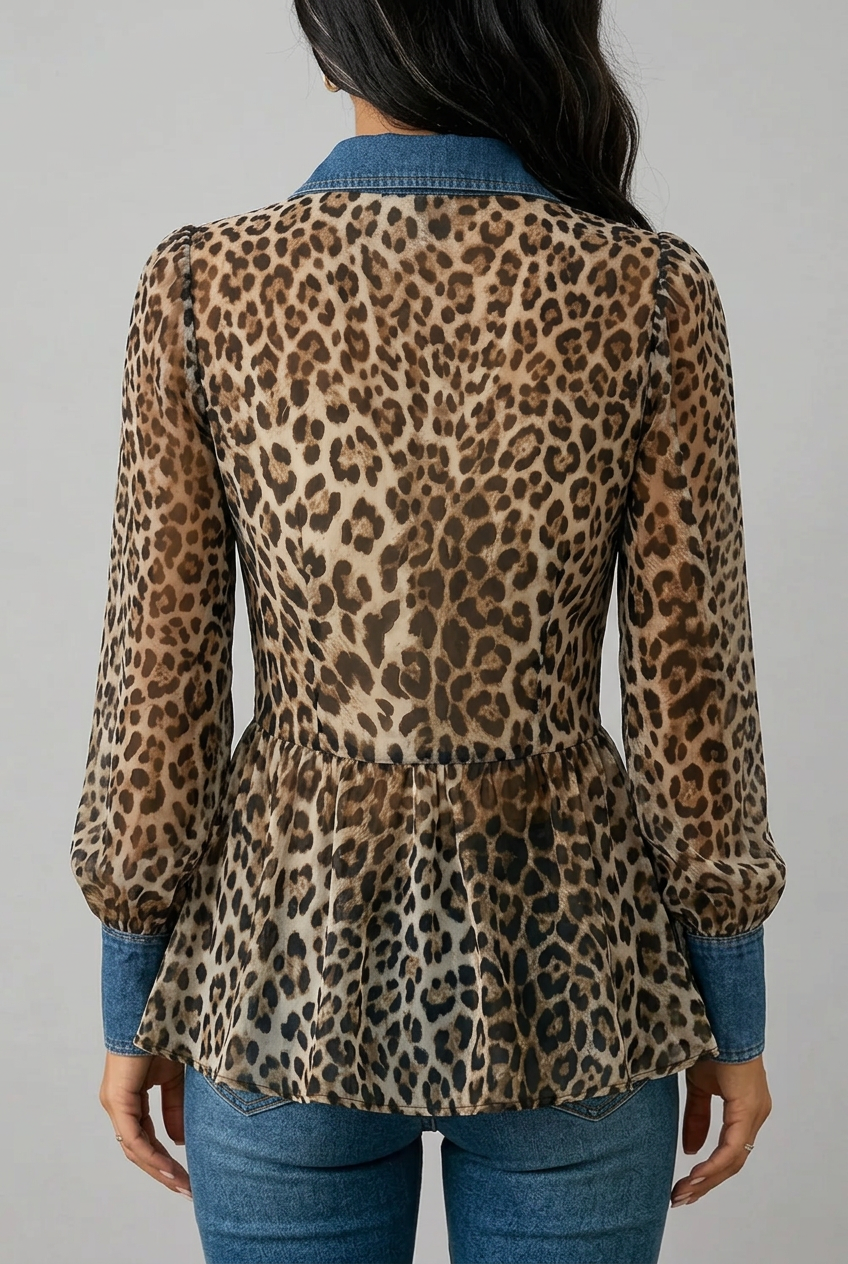 Fablenne - Leopard Print Denim Panel Contrast Longline Jacket