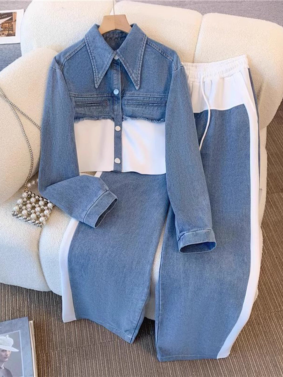 Holbrook - Color-Block Cropped Jacket & Wide-Leg Pants Set