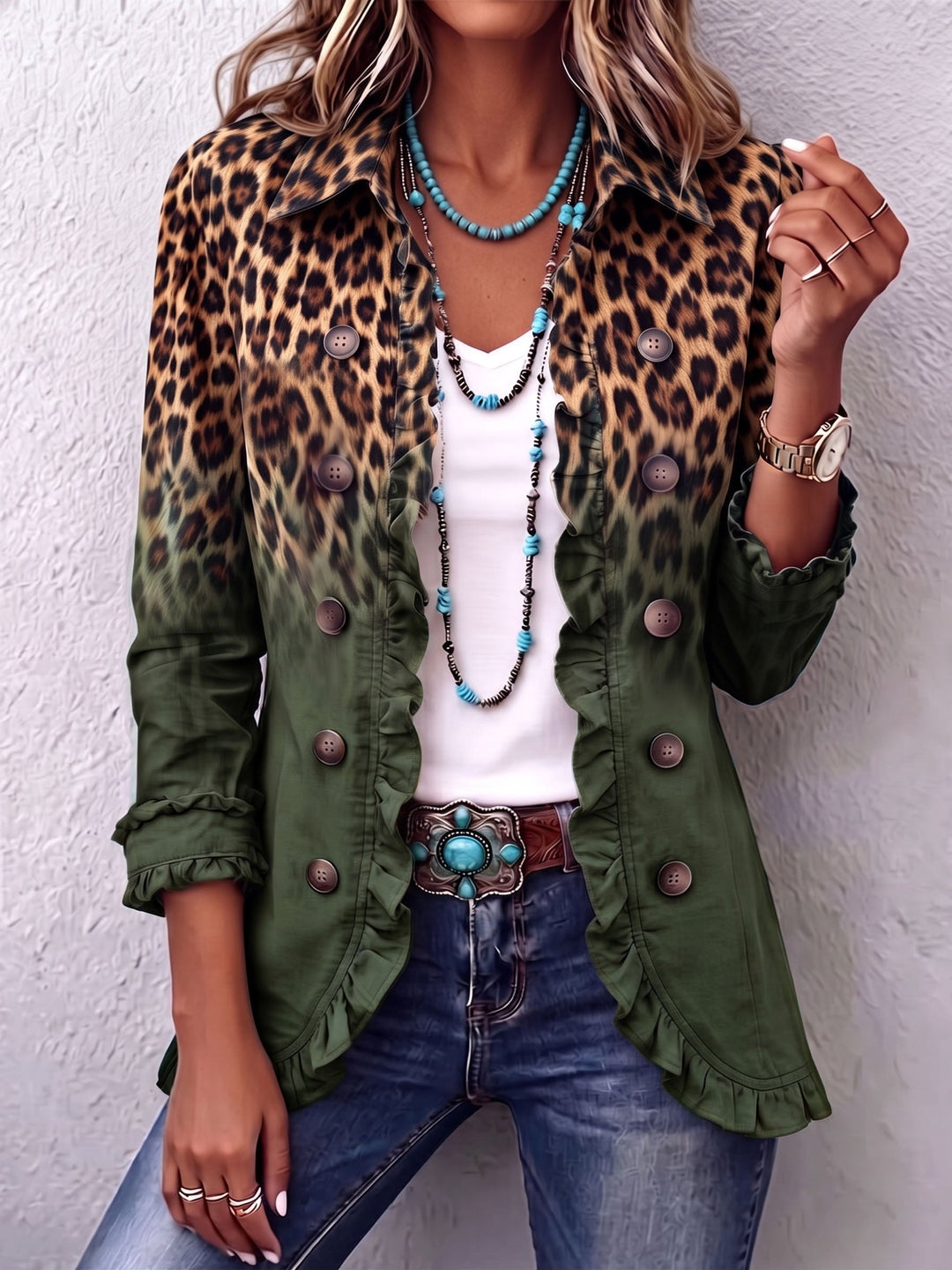 Elspeth - Leopard Ombre Ruffle Blazer Jacket