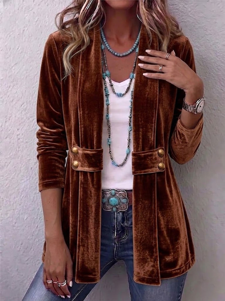 Holliwell - Vintage Lapel Button-Accent Long Sleeve Open Front Jacket