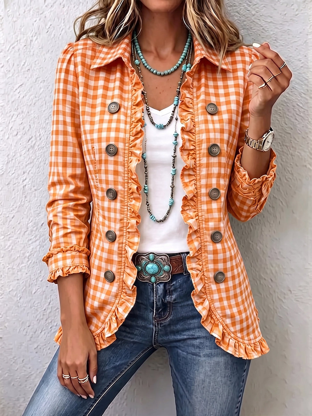 Charlene - Gingham Ruffled Button-Down Jacket