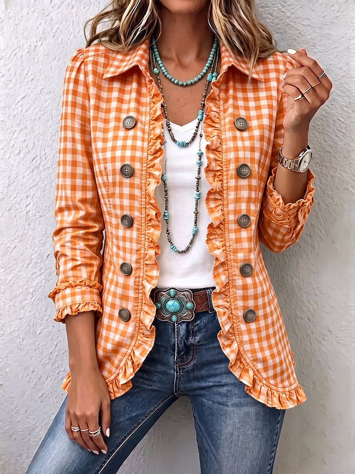 Charlene - Gingham Ruffled Button-Down Jacket