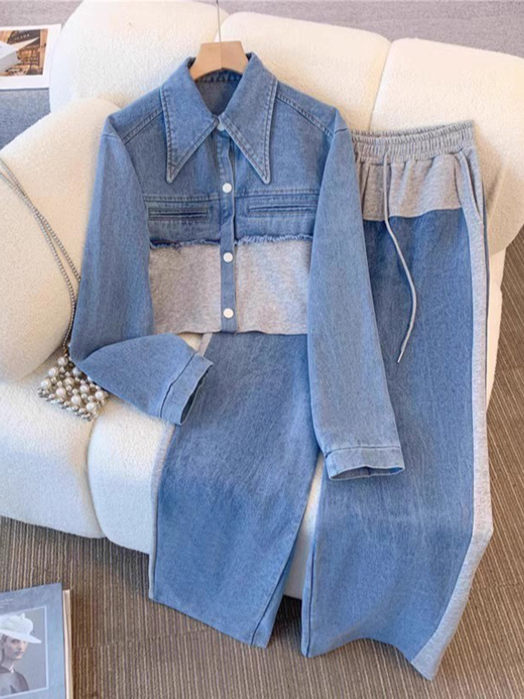 Holbrook - Color-Block Cropped Jacket & Wide-Leg Pants Set