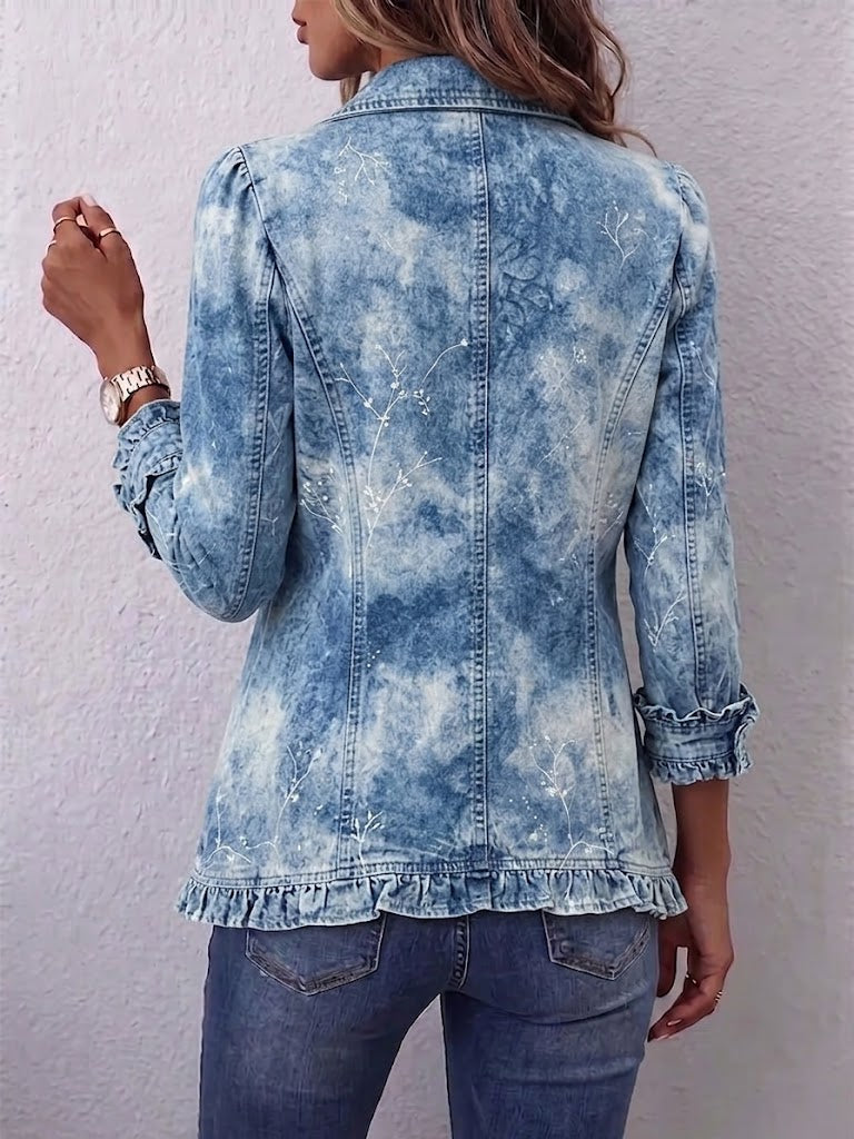 Jemison - Boho-Style Gradient Vintage Botanical Print Ruffle-Detail Jacket