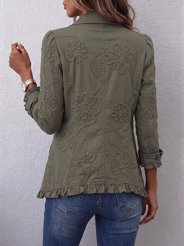 Kamberly - Boho-Chic Floral Embroidered Utility Ruffled Trim Jacket