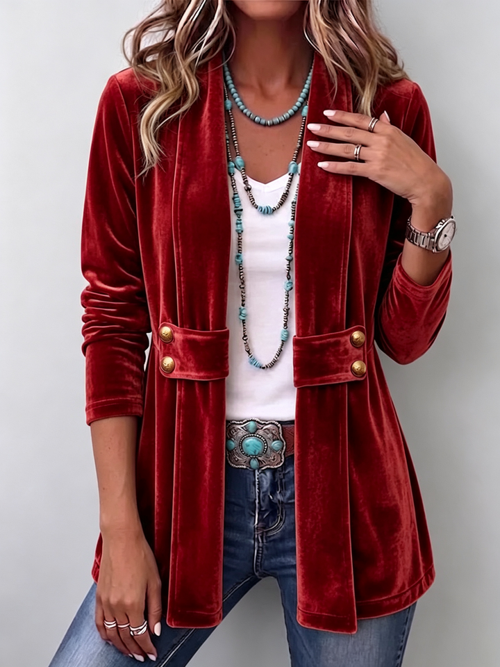 Holliwell - Vintage Lapel Button-Accent Long Sleeve Open Front Jacket