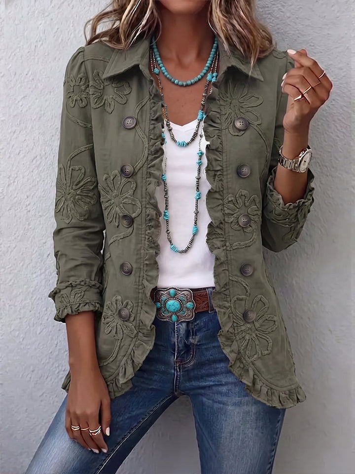 Kamberly - Boho-Chic Floral Embroidered Utility Ruffled Trim Jacket
