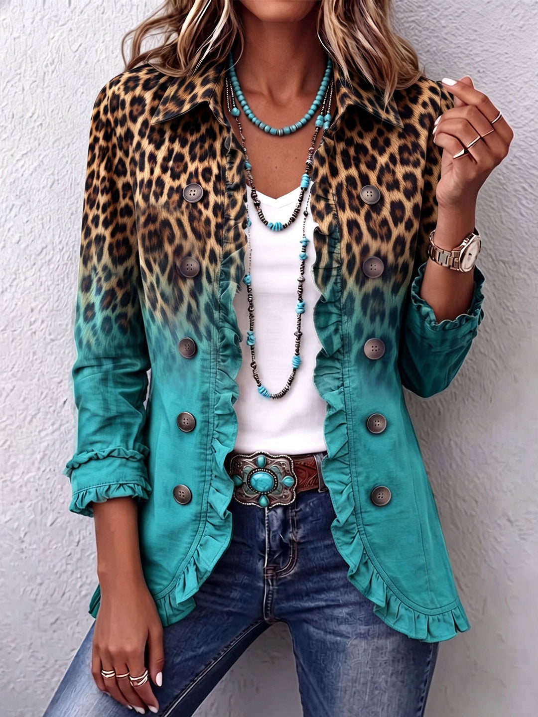 Elspeth - Leopard Ombre Ruffle Blazer Jacket
