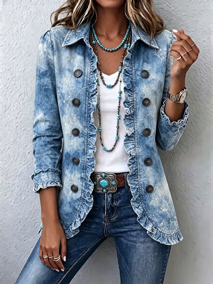 Jemison - Boho-Style Gradient Vintage Botanical Print Ruffle-Detail Jacket