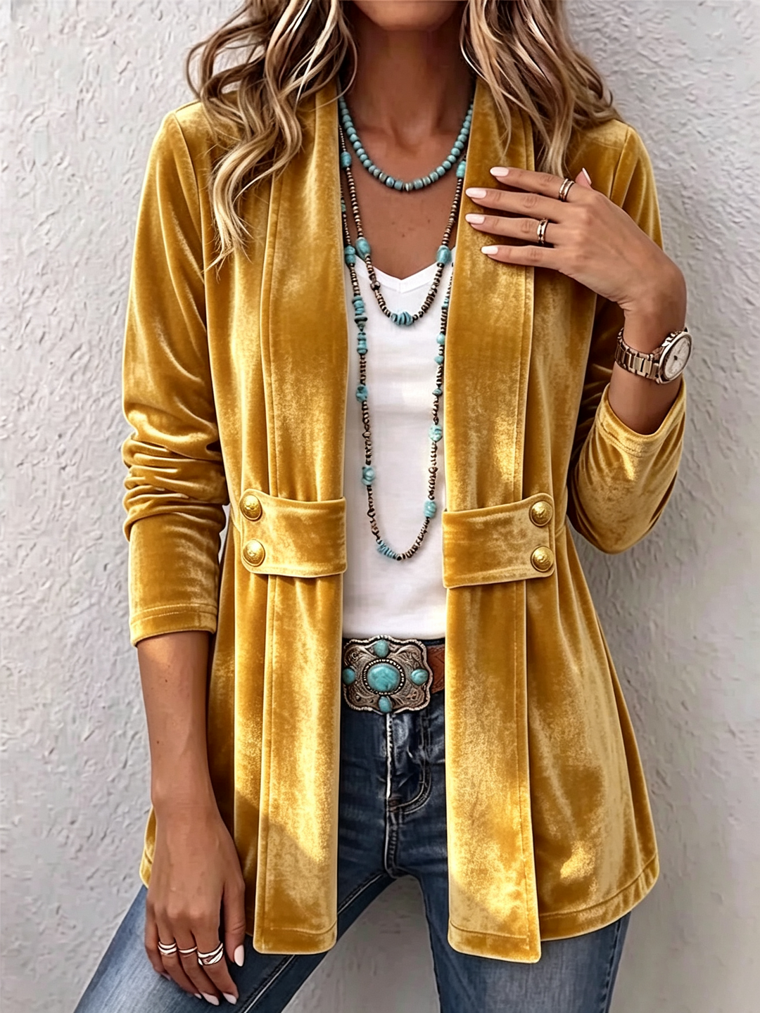 Holliwell - Vintage Lapel Button-Accent Long Sleeve Open Front Jacket