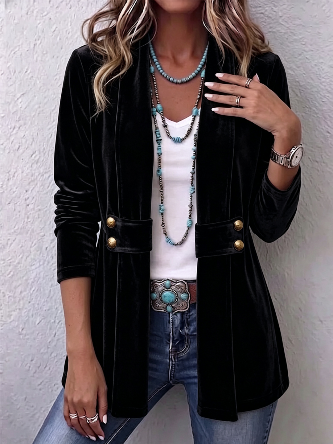 Holliwell - Vintage Lapel Button-Accent Long Sleeve Open Front Jacket