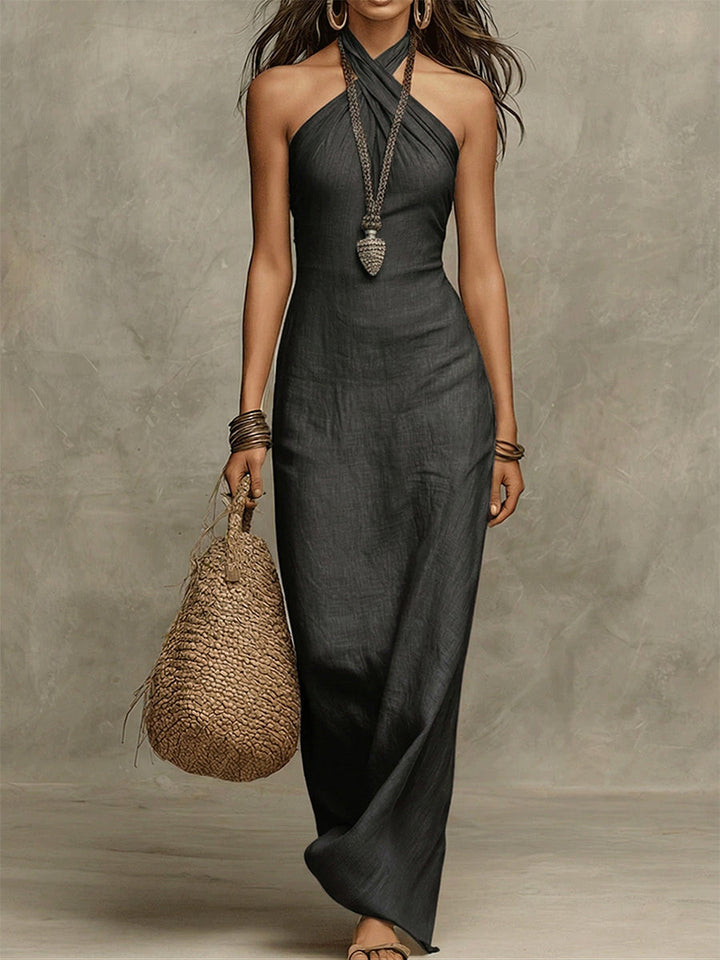 Adelina - Long Voluminous Dress in Cotton and Linen, American Collar