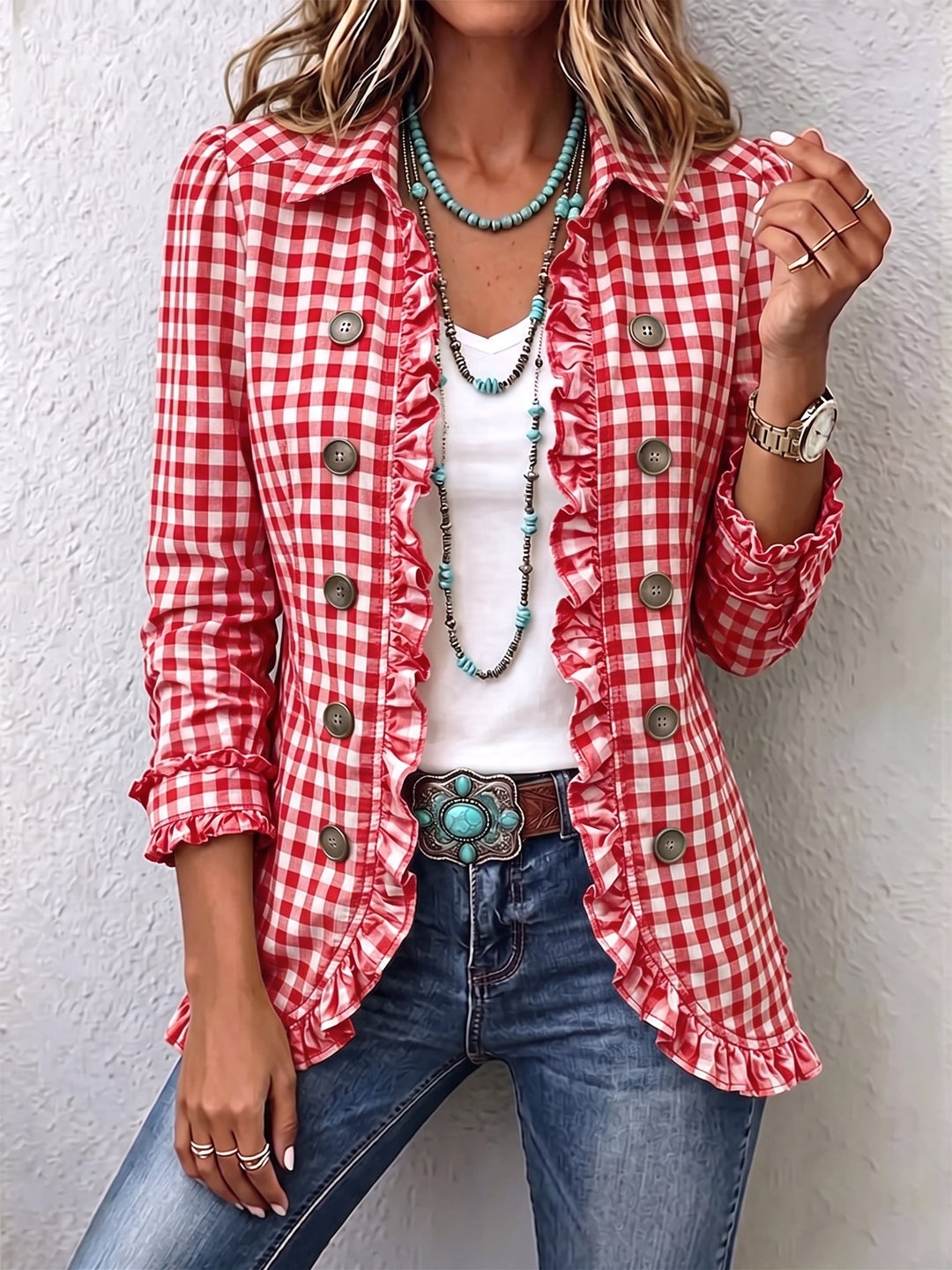 Charlene - Gingham Ruffled Button-Down Jacket