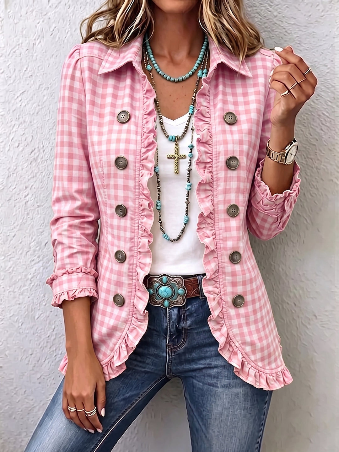 Charlene - Gingham Ruffled Button-Down Jacket