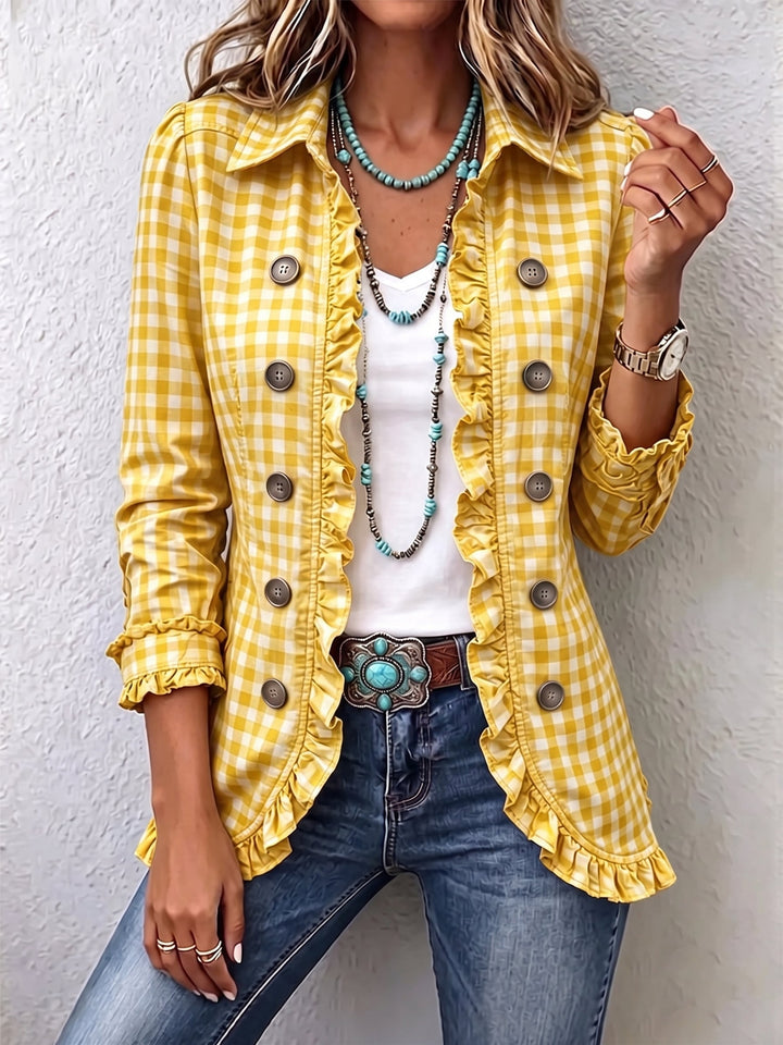 Charlene - Gingham Ruffled Button-Down Jacket