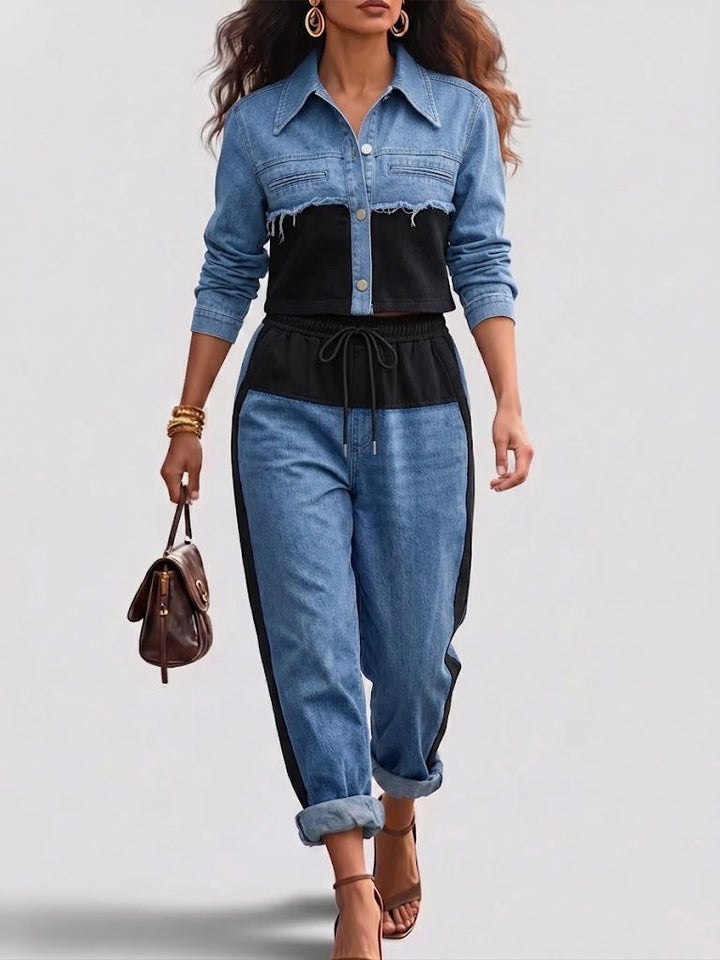 Holbrook - Color-Block Cropped Jacket & Wide-Leg Pants Set