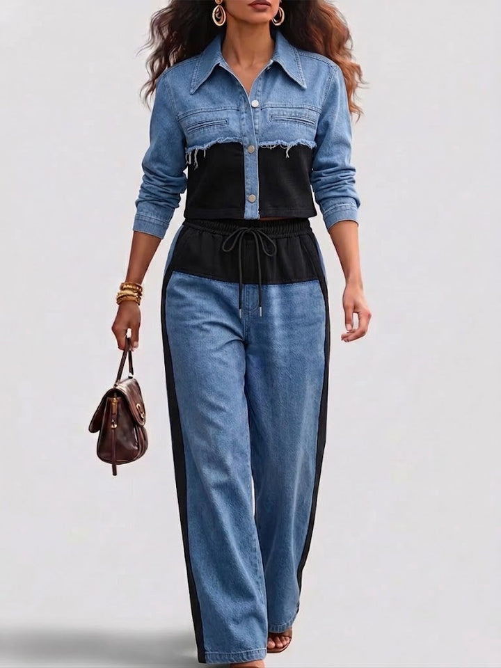 Holbrook - Color-Block Cropped Jacket & Wide-Leg Pants Set