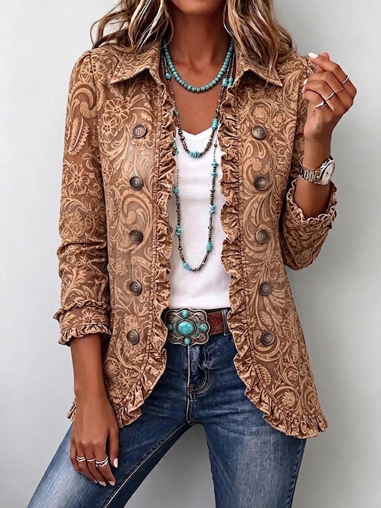 Vyclara - Vintage Bohemian Floral Print Ruffled Jacket